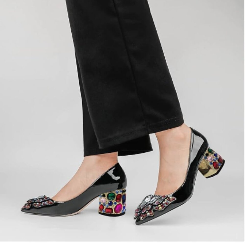 YDN Black  Pointed Toe Bow Colorful Rhinestone Block Low Heel Butterfly Pumps